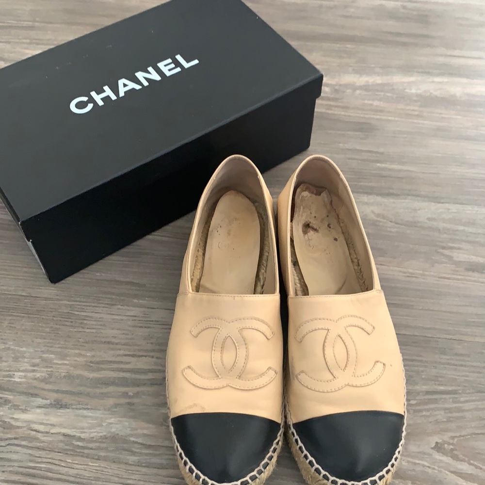 Chanel leather espadrilles… inside soles are worn but can easily be upholstered